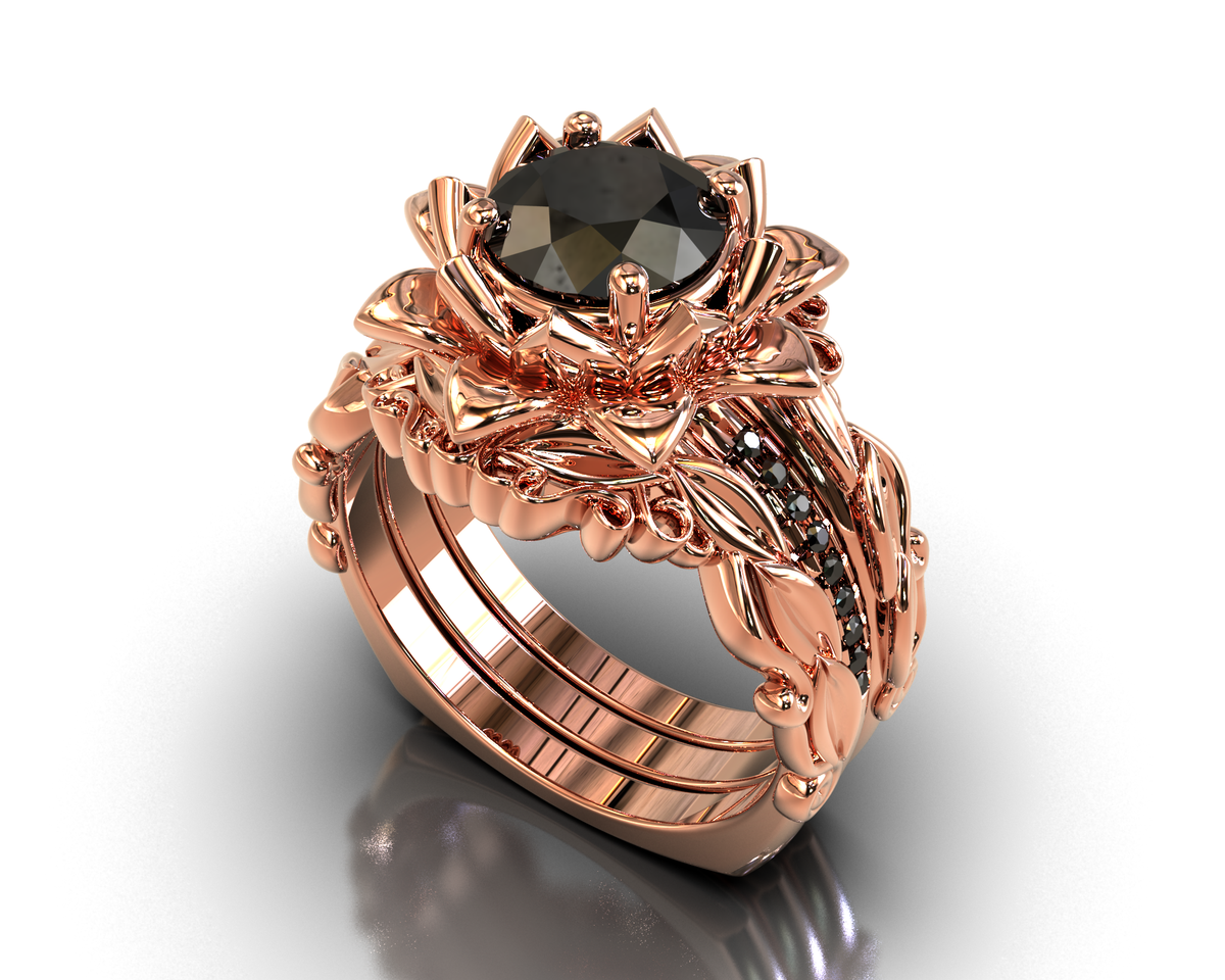 Black Diamond Floral Wedding Ring Set