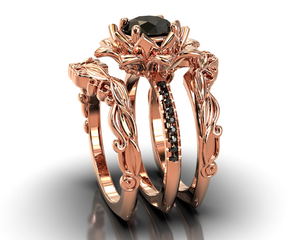 Black Diamond Floral Wedding Ring Set