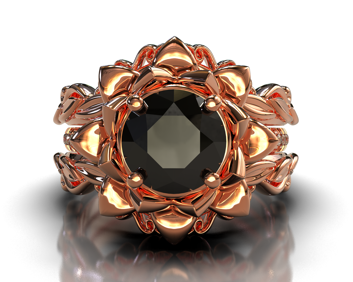 Black Diamond Floral Wedding Ring Set