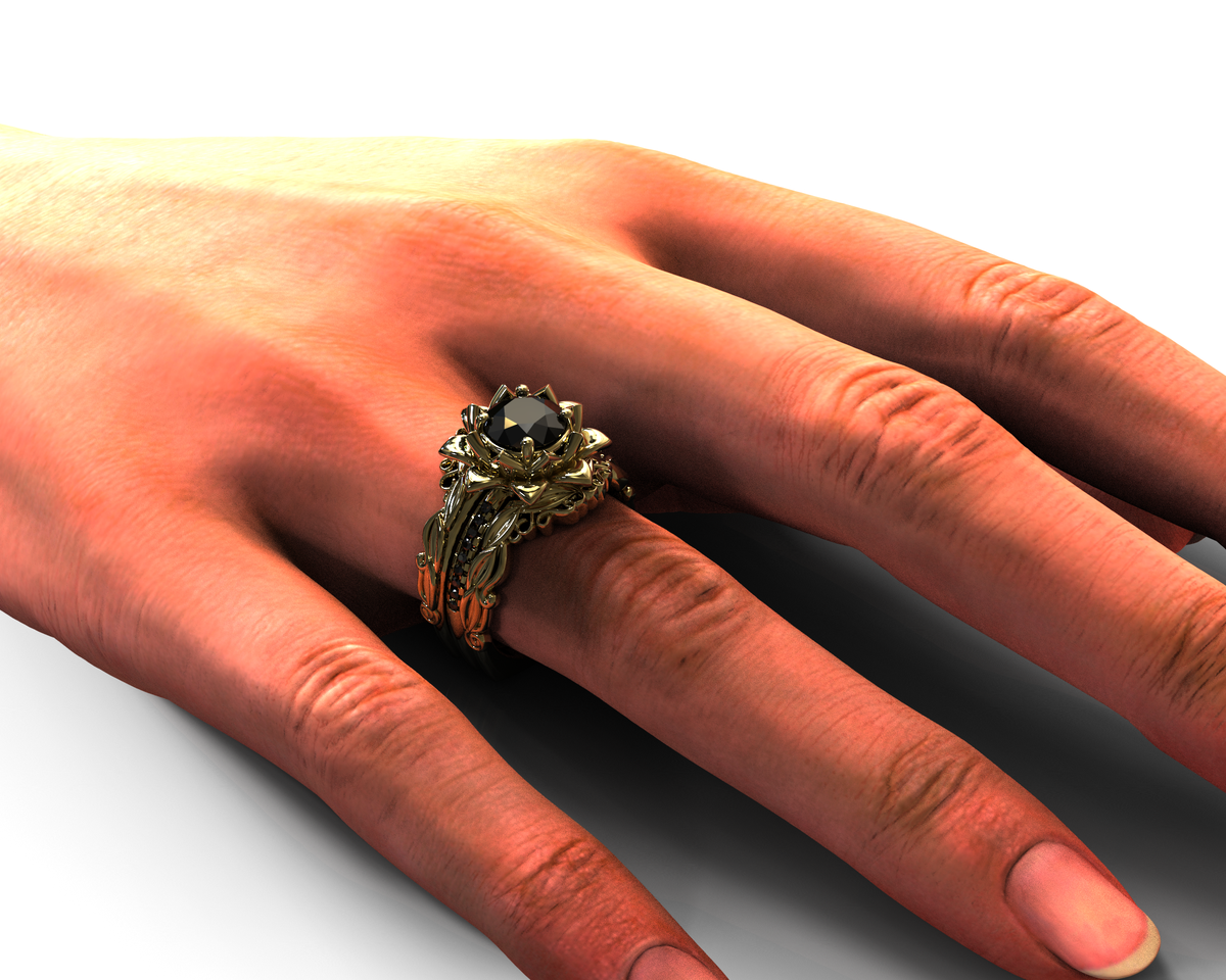 Black Diamond Flower Wedding Ring Set