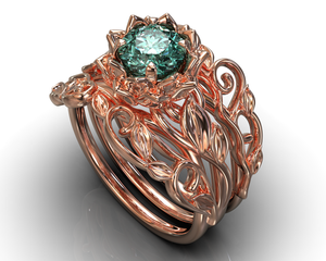 Aquamarine Flower Wedding Ring Set