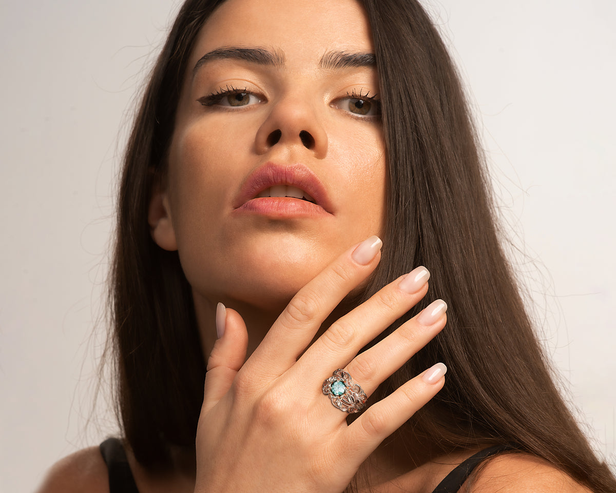 Aquamarine Flower Wedding Ring Set