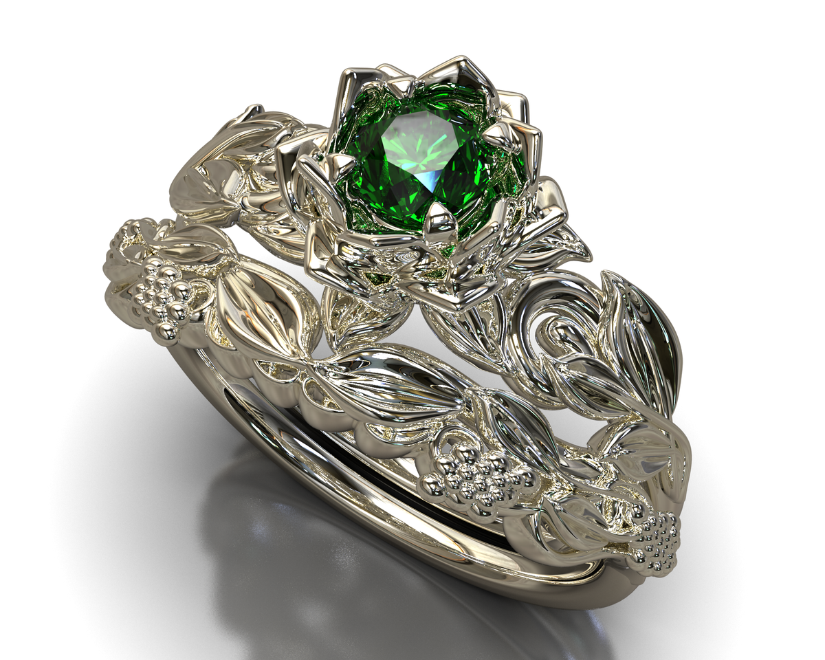 Emerald Flower Bridal Ring Set