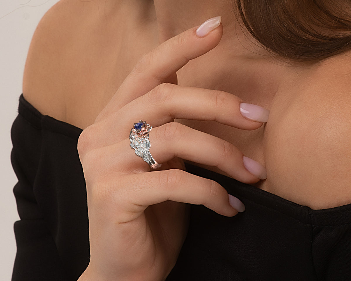 Lotus Flower Blue Sapphire Wedding Ring Set