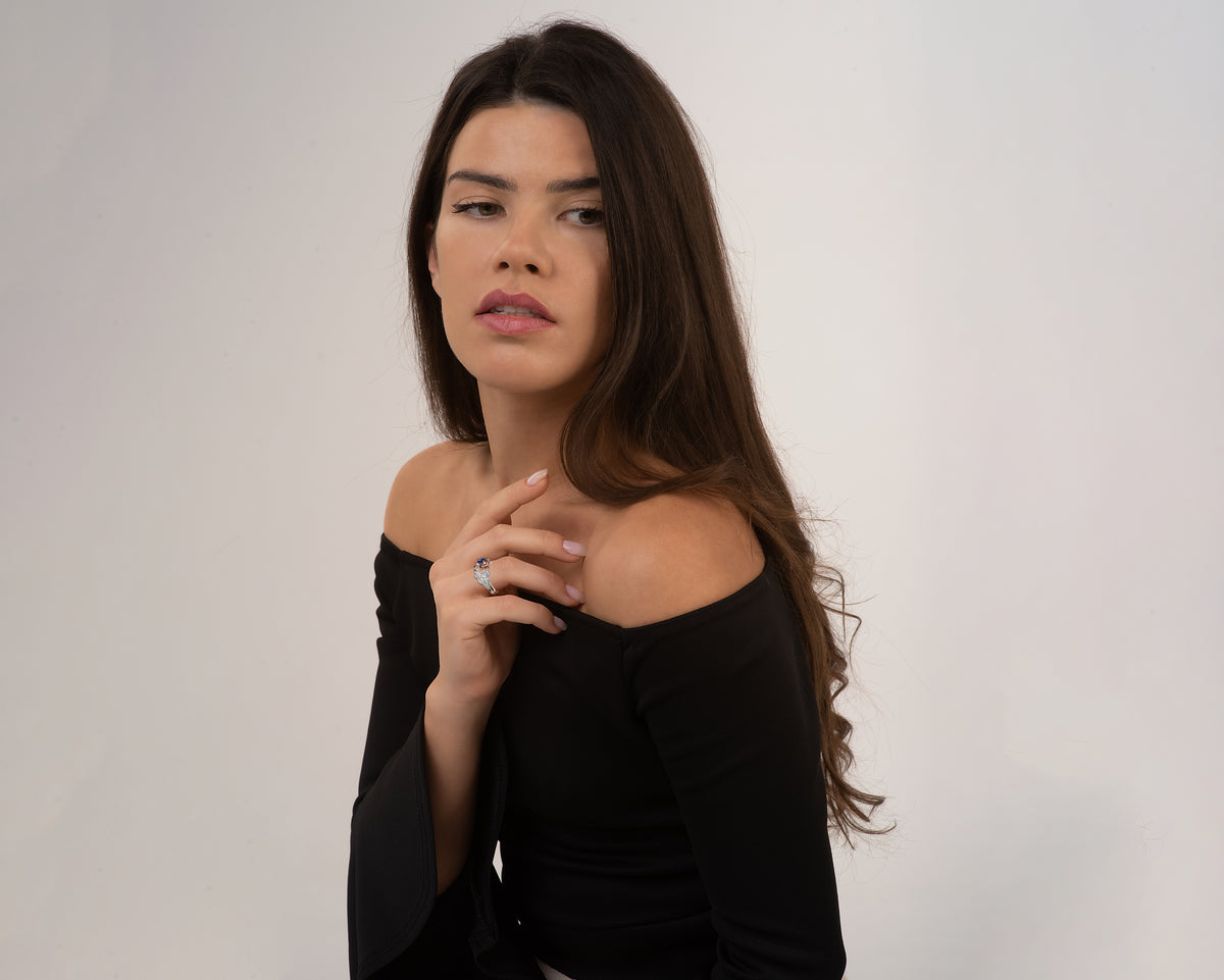 Lotus Flower Blue Sapphire Wedding Ring Set